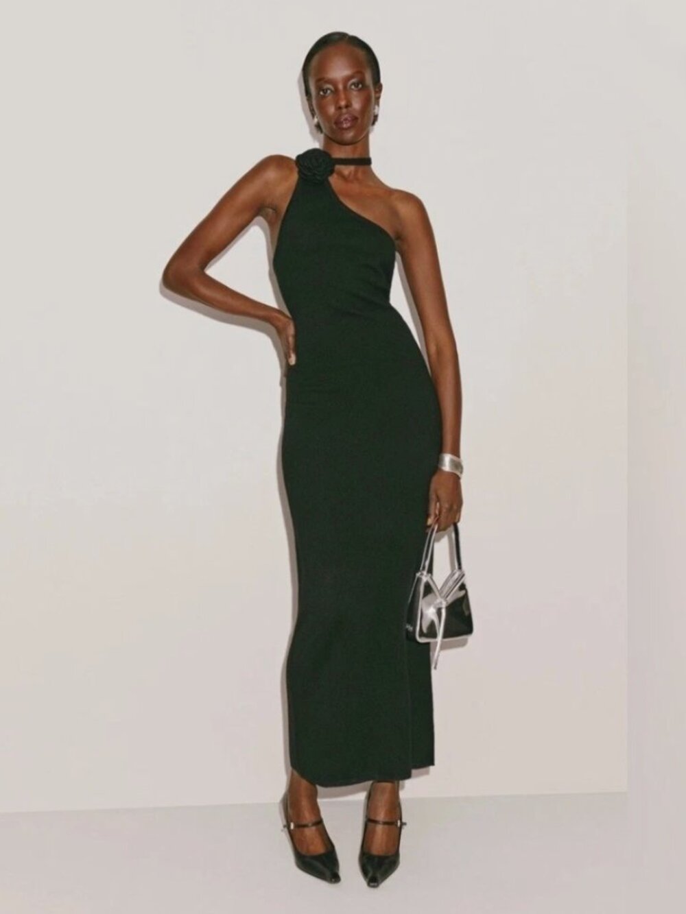 Reformation Ilaria Black Cashmere Rosette One Shoulder Maxi Dress - small